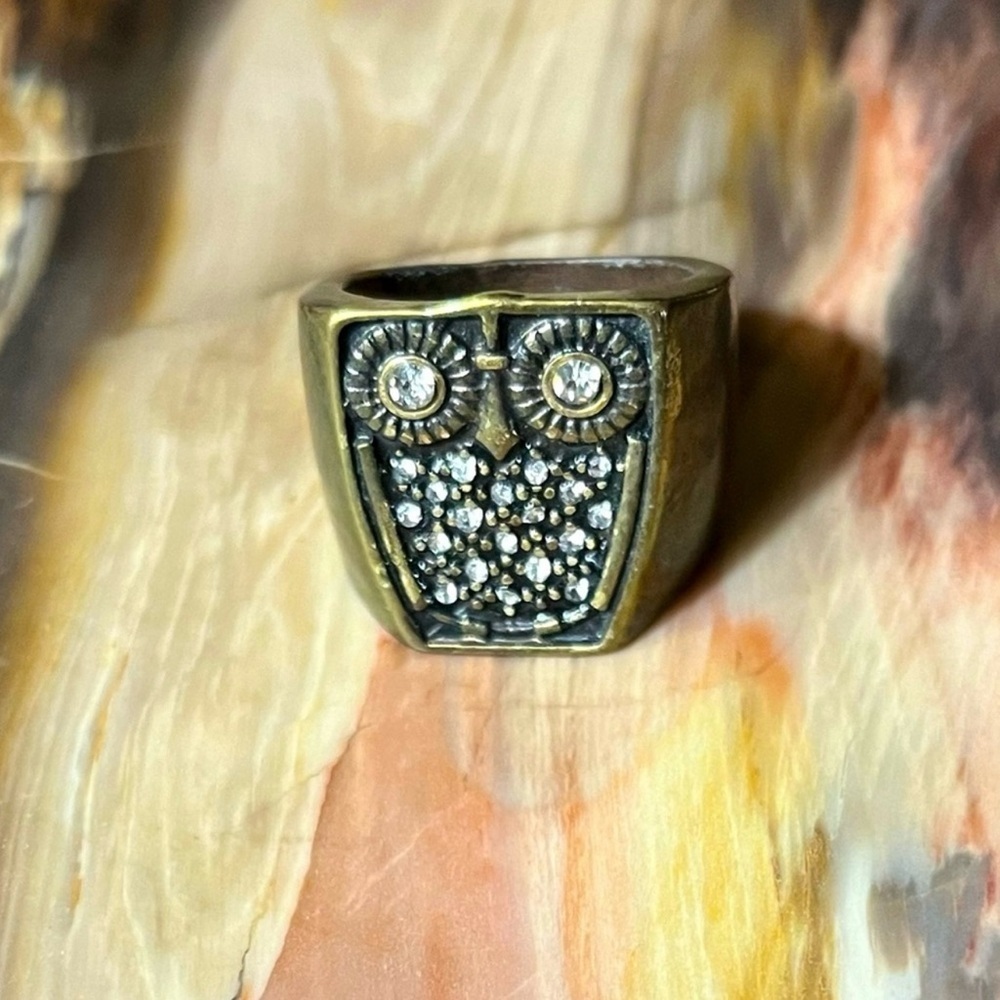 Gold Tone Brass Owl Ring with Clear Rhinestones